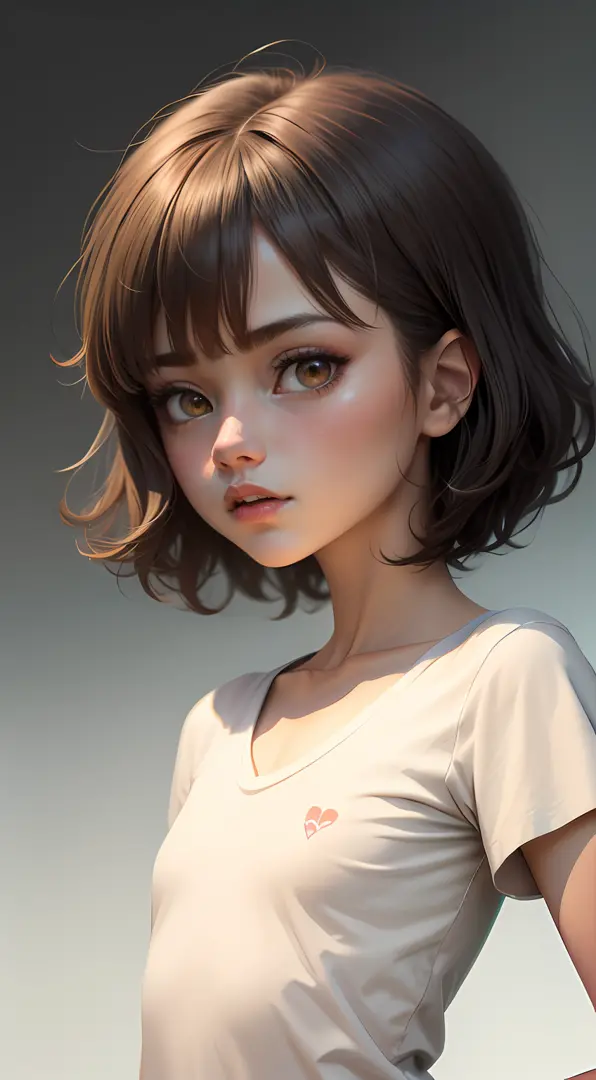 shaggy hair，short detailed hair, Flat-chested tomboy，Tomboyish，No light or shadow，A person's entire body faces one side of the screen，No saturation，low-contrast，Comic color block art style，solid color backdrop，little mouth，Small lips，noseless，（（（Plain whit...
