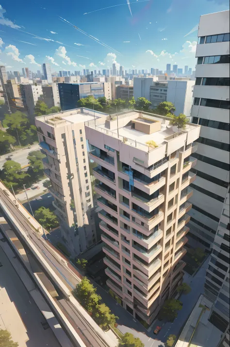 there is a large building with a lot of windows on it, sao paulo in the year 2 0 7 0, city rooftop, buildings photorealism, anime style cityscape, realistic architecture, futuristic sao paulo, realistic anime 3 d style, realistic painting of a complex, sky...