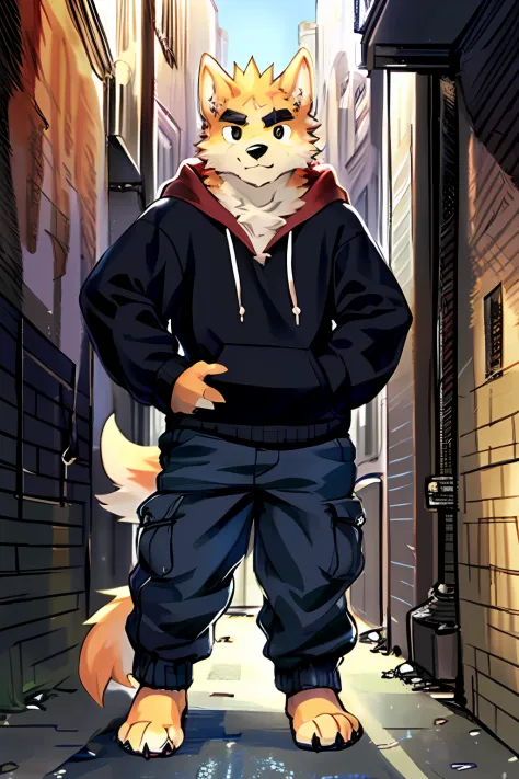 copperrtf, dog boy,
masterpiece, best quality, absurd res, by kiyosan, by null-ghost, 
furry, male, solo, hoodie, pants, black p...