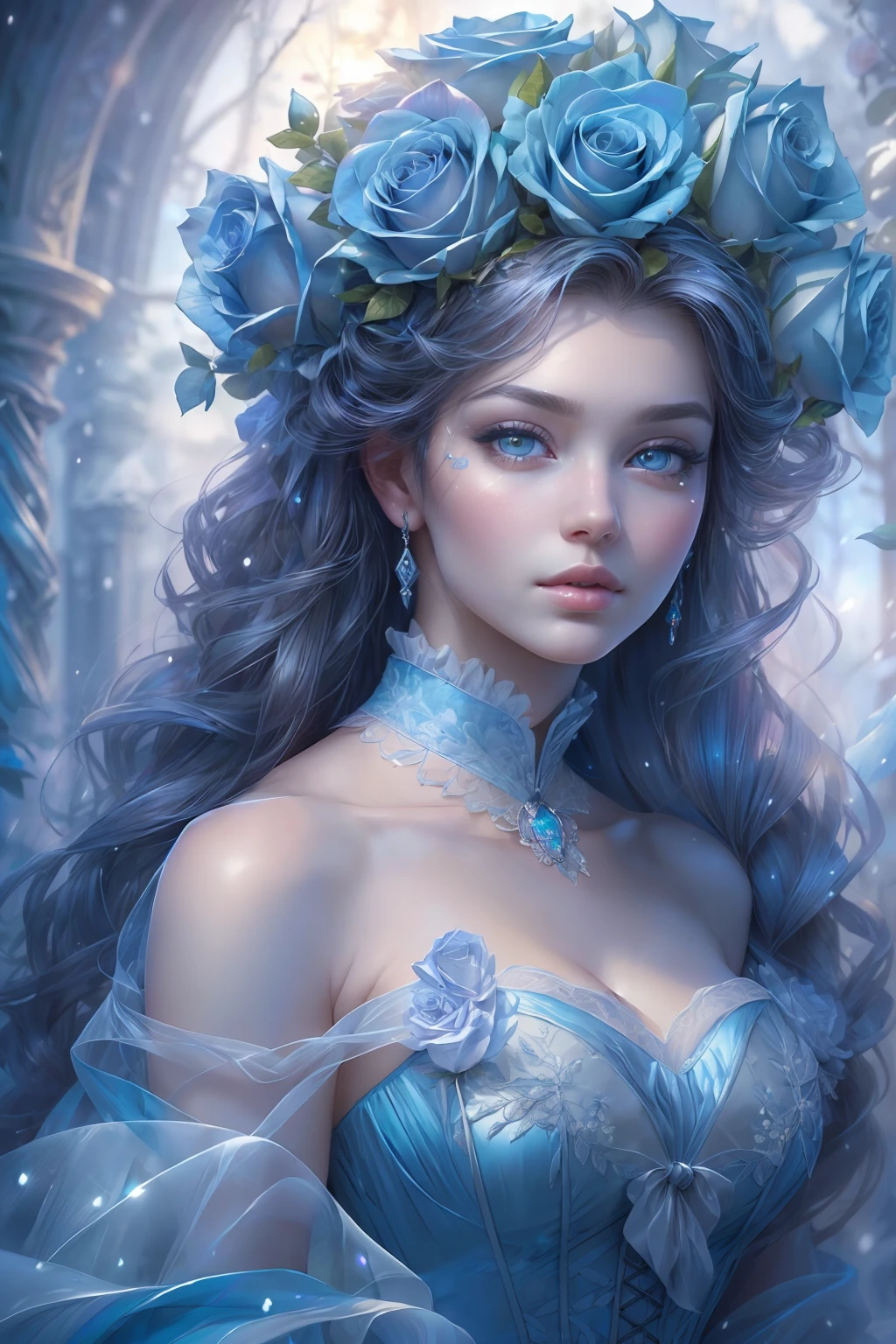 This is realistic (((fantasy))) artwork set in the frozen blue rose garden of an enchanted ice castle in winter and should consist of many shades of cold blue colors. It is snowing heavily. Generate a proud woman with a (((highly detailed face))) dressed in the billowing folds of a stunning French silk ballgown. The woman's elegant face is ((((highly detailed, with realistic features and soft, puffy lips.)))) The ballgown is embellished with ruffles, sashes, and bows and a delicately, but intricately, hand-embroidered bodice. The corset features silk ribbon. She is wearing Victorian royal winter outer clothes. The woman's stunning eyes are beautifully detailed, featuring realistic shading and multiple colors, and in high resolution. The woman is in a garden of eternal roses, each one beautifully formed and highly detailed. These realistic blue roses feature shimmering shades of light blue, dark blue, silver, and glimmering blue-purple. The eternal rose is a deep shade of periwinkle with shimmering iridescent overtones and undertones. Ensure that the woman's face, hair, and eyes are perfect. realism, high fantasy, whimsical fantasy, storybook fantasy, fairytale fantasy, fantasy details, enchanting, bewitching, 8k, hires, CGI, digital painting, unity, unreal engine, (((masterpiece))), intricate, elegant, highly detailed, majestic, digital photography, art by artgerm and ruan jia and Greg Rutkowski, (masterpiece, finely detailed beautiful eyes: 1.2), hdr, realistic skin texture, (((1woman))), (((solo))), Include a highly detailed face, extremely detailed face, and interesting background.