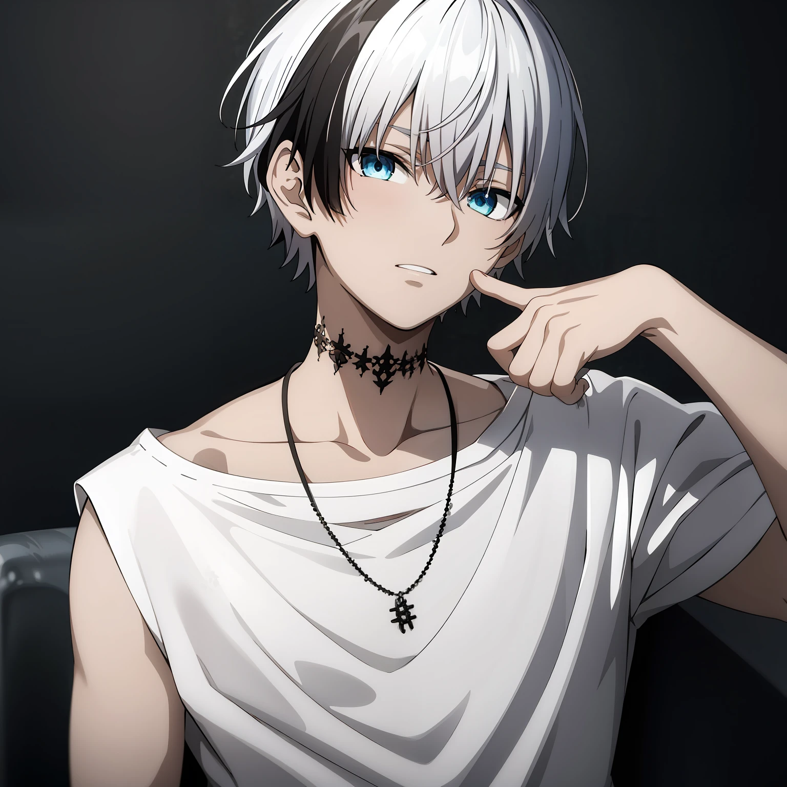 masterpiece, best quality, high quality, shinoyama_polka, 1boy, solo, male focus, upper body, looking at viewer, shirt, two-tone hair, white hair, black hair, jewelry, white_shirt, necklace, scar, absolutely stunning art, extremely detailed eyes