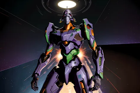 eva 01, evagod, (halo),explosion,beam,laser,evangelion mecha, science fiction, looking at viewer, (official art, Best quality, m...