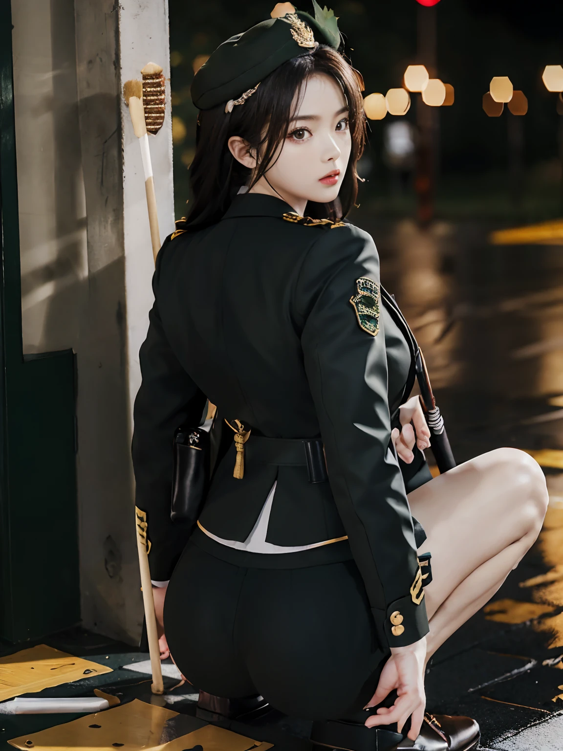 Very detailed CG unity 8K wallpaper，（tmasterpiece），（best qualtiy），（ultra - detailed），（Ultra photo realsisim），（best character detail：1.36），Nikon D750 f / 1.4 55mm，profesional lighting， physically-based renderingt, 1girll, Female soldier，army suit，Green military uniform，Fabric texture military uniform，Pure white lining，Dark green tie，bucket-hat，Black hair，the golden ratio,[:(com rosto detalhado:1.2):0.2]:,PureErosFace_V1, broad shoulder,(Bigchest:1.5),(big assa:1.5)，(stick out buttocks:1.5)，Wide buttock ，Bare legged，Spread your legs and half squat，Squat，Soaked with sweat，red flags，At the cafe，Night Street，bright sun，Look back，Flag of China，lighting，Contre-Jour，