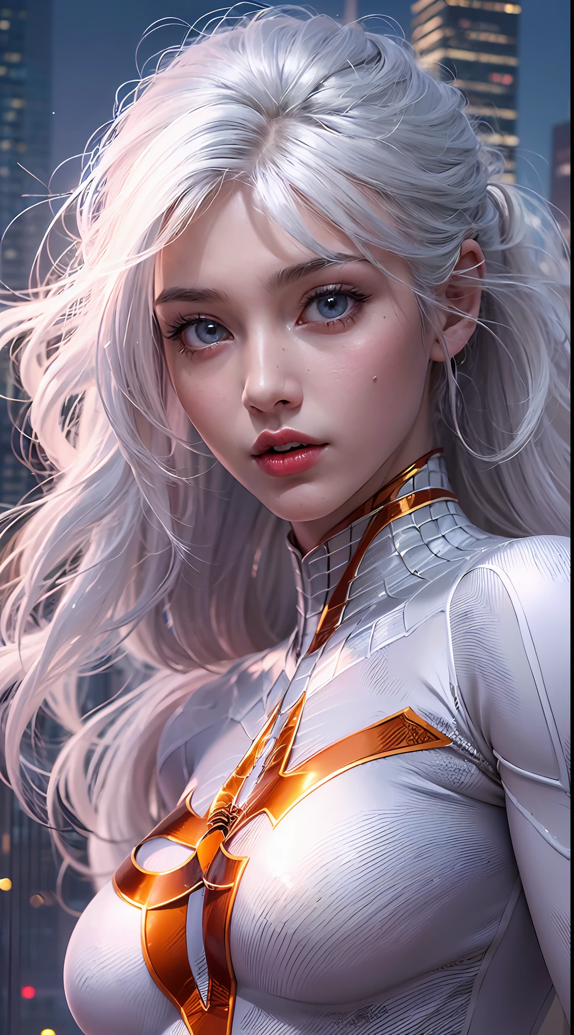 (masterpiece:1.4), (8k, photorealistic, RAW photo, best quality: 1.4), japanese, (1girl), beautiful face, (realistic face:1.4), (white hair, ponytailed long hair:1.3), beautiful hairstyle, beautiful detailed eyes, (best ratio eyes:1.5), attractive, ultra high res, ultra realistic, highly detailed, best ratio, (detailed face:1.4), looking at viewer, red lipsticks, (best ratio fingers:1.5), (White superhero theme, charismatic, there's a girl on top of town, wearing transparent lingerie Spider-Man costume, she's a superhero), [ ((25 years), full body, (realistic blue eyes:1.2), ((Spider-Man pose), show of strength, jumping from one building to another), ((sandy urban environment):0.8)| (cityscape, at night, dynamic lights), (full moon))] # Explanation: The Prompt mainly describes a 4K painting of ultra-high definition, very realistic, very detailed. It shows a superheroine at the top of the city, wearing a Spider-Man costume. The theme in the painting is a white superhero theme, the female protagonist has long white hair, is 2 and her entire body is shown in the painting. In terms of portraying the actions of superheroines, spiders are employed, (no bra:1.4), perky_nipples, ((exposed_nipples, exposed breasts, high proportional realistic breasts, realistic big breasts):1.4), (closed mouth:1.4), (camel_toe_pussy:1.4), innie_pussy,