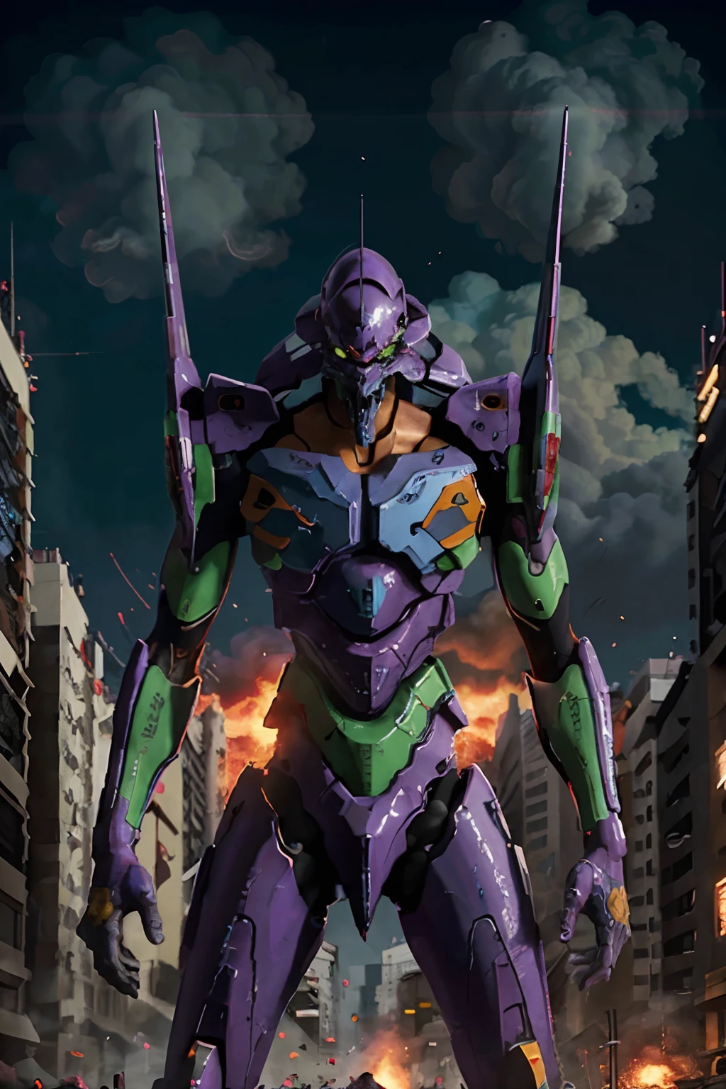 eva 01, evagod, halo,boom,explosion,evangelion mecha, science fiction, looking at viewer, (official art, Best quality, masterpiece:1.2), illustration, high res, beautiful abstract background, Futurism, cyberpunk, intense angle, close-up,silhouette,light particles