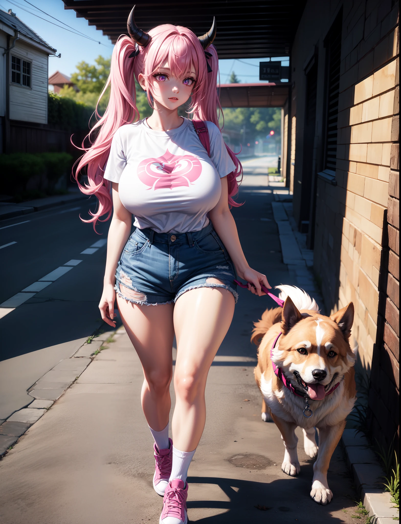 4k, twin tails ,Lens flare, pink hair ,mascara, eyeliner, god rays, 4k, 8k, best quality, masterpiece, hyper detailed, intricate detail, 1girl, solo, detailed, Detailed fuschia hair ++, detailed pink eyes ++,  raytracing, perfect shadow, highres, enhanced eyes,  huge breasts, horns, seductive,  hyper detailed, A girl wearing a vintage video game-inspired t-shirt, high-waisted shorts, knee-high socks, and classic sneakers. walking a dog