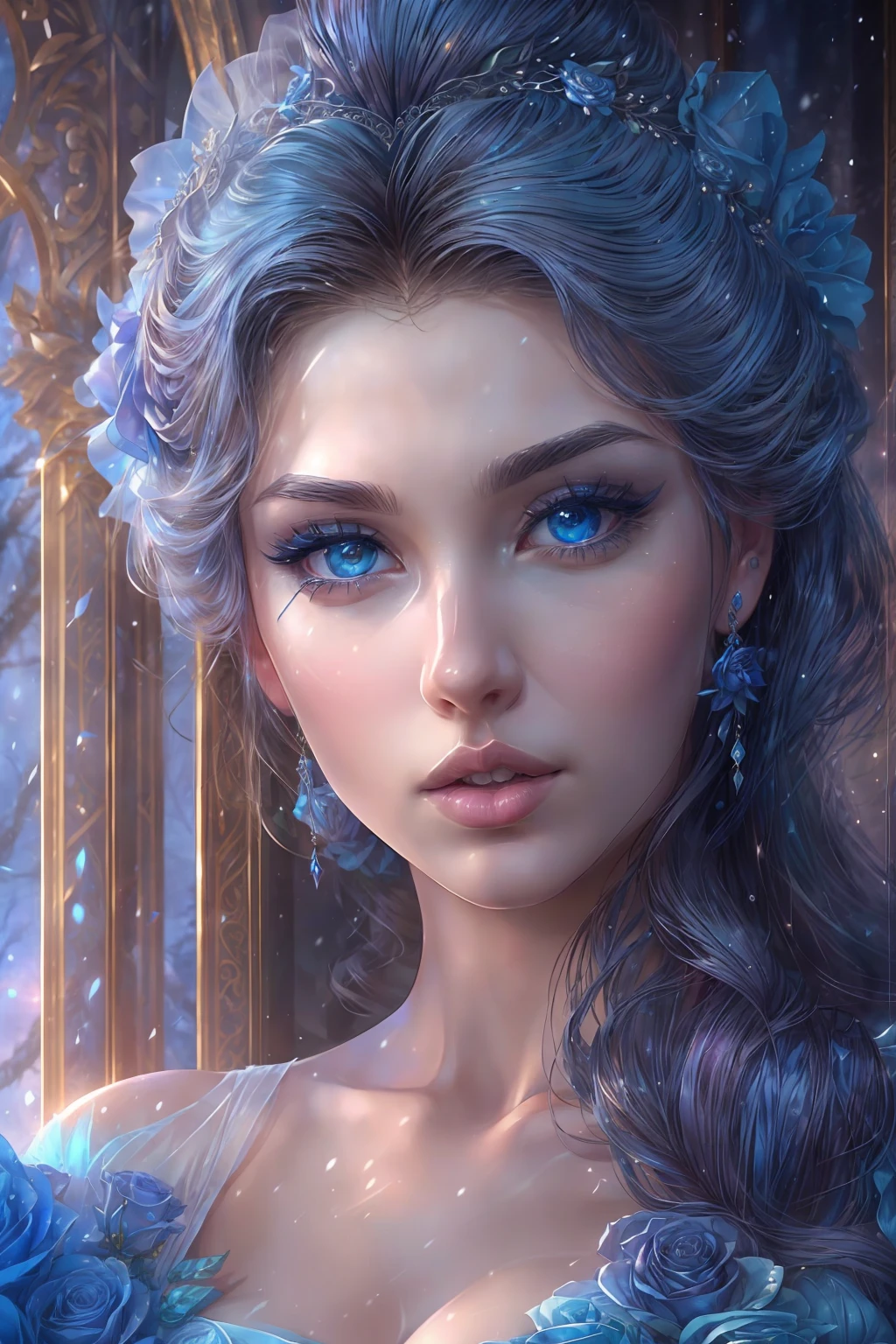 This is realistic (((fantasy))) artwork set in the frozen blue rose garden of an enchanted ice castle in winter and should consist of many shades of cold blue colors. It is snowing heavily. Generate a proud woman with a (((highly detailed face))) dressed in the billowing folds of a stunning French silk ballgown. The woman's elegant face is ((((highly detailed, with realistic features and soft, puffy lips.)))) The ballgown is embellished with ruffles, sashes, and bows and a delicately, but intricately, hand-embroidered bodice. The corset features silk ribbon. She is wearing Victorian royal winter outer clothes. The woman's stunning eyes are beautifully detailed, featuring realistic shading and multiple colors, and in high resolution. The woman is in a garden of eternal roses, each one beautifully formed and highly detailed. These realistic blue roses feature shimmering shades of light blue, dark blue, silver, and glimmering blue-purple. The eternal rose is a deep shade of periwinkle with shimmering iridescent overtones and undertones. Ensure that the woman's face, hair, and eyes are perfect. realism, high fantasy, whimsical fantasy, storybook fantasy, fairytale fantasy, fantasy details, enchanting, bewitching, 8k, hires, CGI, digital painting, unity, unreal engine, (((masterpiece))), intricate, elegant, highly detailed, majestic, digital photography, art by artgerm and ruan jia and Greg Rutkowski, (masterpiece, finely detailed beautiful eyes: 1.2), hdr, realistic skin texture, (((1woman))), (((solo))), Include a highly detailed face, extremely detailed face, and interesting background.