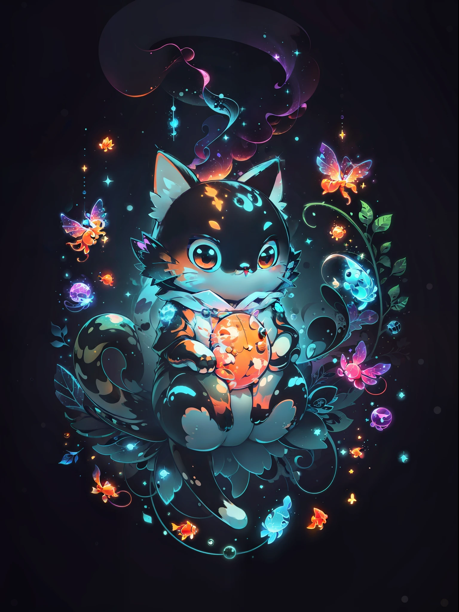 (((tmasterpiece))), 4k resolution, higly detailed, hiquality, hight resolution, ultradetailed, 8K, beste-Qualit, Cute cat hung beautifully in the air, among glowing fish and crystals, Fireflies, Magic Light, Neon