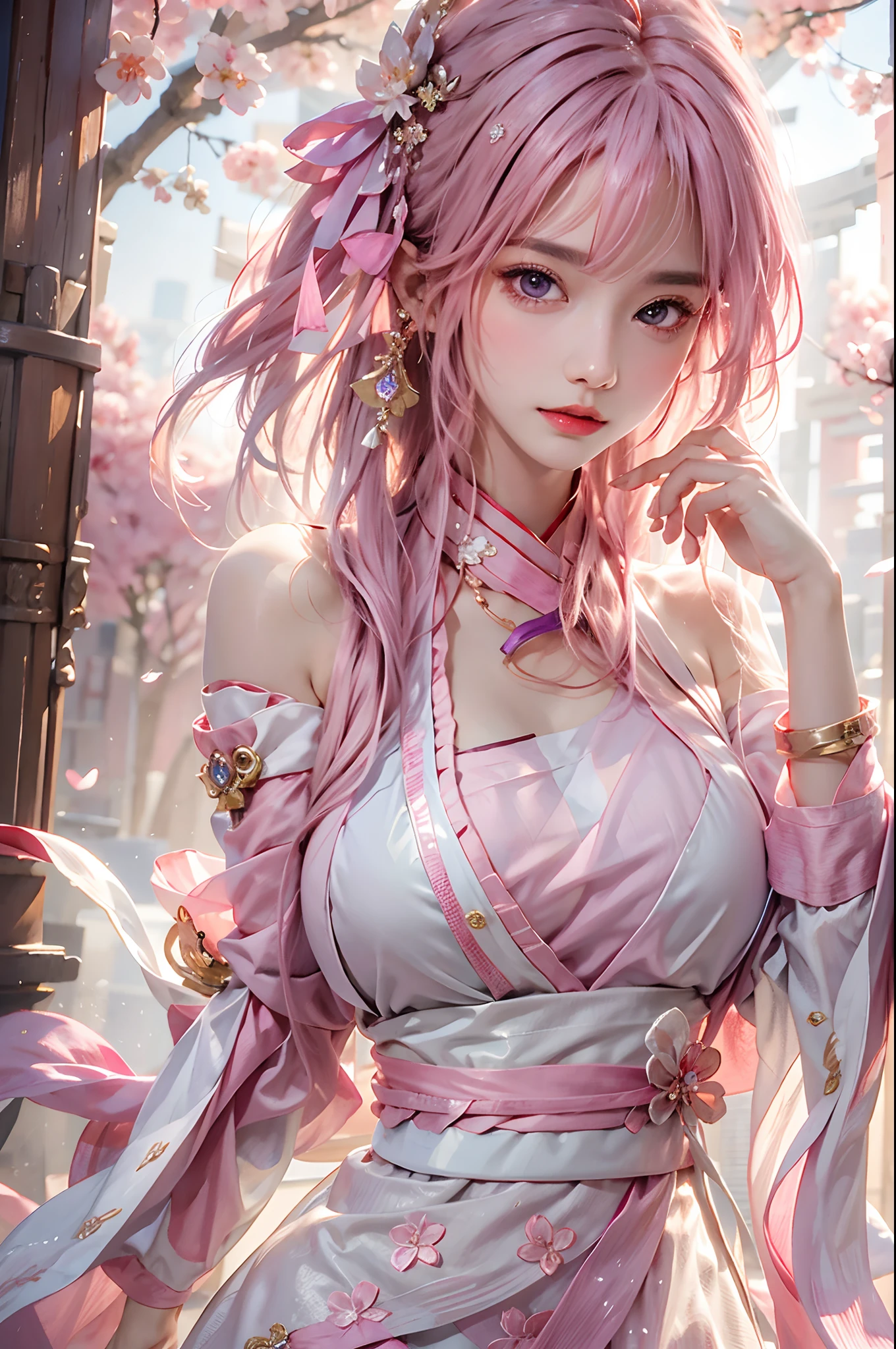 photorealistic, high resolution, 1women, solo, hips up, look at viewer, yae miko, large breasts, , cleavage,detached sleeves, bare shoulders, pink hair, long hair, open clothes, best quality, (hair ornament:1.35), jewelry, purple eyes, earrings, torii, cherry blossoms, lantern light, depth of field, detailed face, face focus, ribbon_trim, nontraditional miko, shiny skin, long sleeves