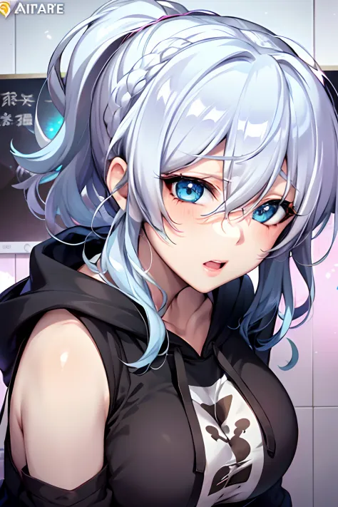 Yukino, Silver hair and  eyes in a black hoodie, anime visual of a cute girl, screenshot from the anime film, & her expression i...