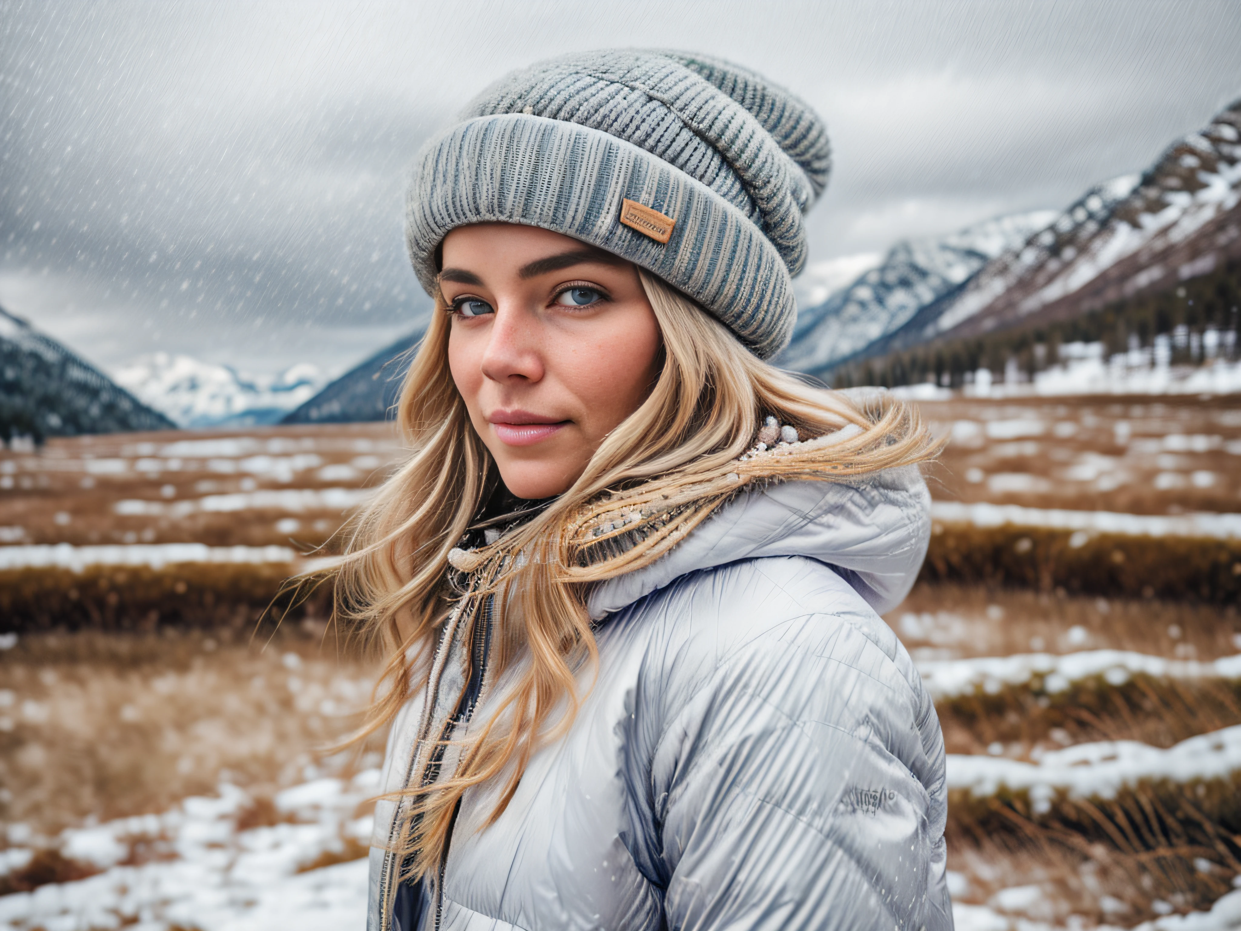 Prepare to be captivated by this (photorealistic:1.4) portrait of a stunning (blonde woman:1.2) embarking on an adventurous trek through the (snowy mountains:1.2). Her (pale blue eyes:1.2) are filled with determination and excitement as she gazes into the distance, taking in the breathtaking (snow-capped peaks:1.2) surrounding her.


The attention to detail in this (portrait:1.2) is extraordinary. Every strand of the woman's (long, flowing blonde hair:1.2) is meticulously rendered, each glistening with (subtle frost:1.1) from the cold mountain air. Her complexion is flawless, with a touch of (rosy color on her cheeks:1.1) adding to the authenticity of the scene.


Dressed for the elements, she wears a (thick winter jacket:1.1) that protects her from the biting cold, while a (warm woolen hat:1.1) keeps her head snug and cozy. Her (snow goggles:1.1) shield her eyes from the glare of the sun reflecting off the pristine white snow.


The landscape behind her is a true marvel of (photorealistic art:1.3). The (snowy mountains:1.2) rise majestically, their peaks disappearing into the clouds. The artist has painstakingly recreated the texture of the snow, from the (freshly fallen powder:1.2) at her feet to the (intricate snowflakes:1.2) drifting through the air. The soft morning light casts a warm glow on the scene, creating a serene and peaceful atmosphere.


This (portrait:1.1) is a (high-resolution:1.3) masterpiece, allowing you to fully immerse yourself in the beauty of the snowy landscape. The level of detail and realism in this (photo:1.2) is truly remarkable, making it a true work of art.


Note: This prompt focuses on providing a detailed and photorealistic description of a portrait of a beautiful blonde woman on a snowy mountain trek. It emphasizes the realistic elements such as the woman's hair, eyes, clothing, and the intricate details of the snowy landscape. The prompt also highlights the high resolution and quality of the artwork, creating a sense of immersion