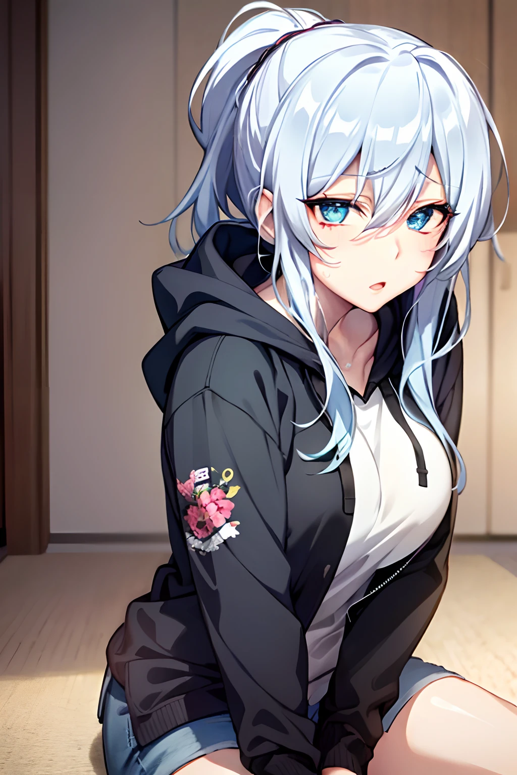 Yukino, Cabello y ojos plateados con una sudadera con capucha negra., anime visual de una linda chica, captura de pantalla de la película de anime, & su expresión es solemne, cara de ahegao, en la película de anime, en un anime, visual anime de una mujer joven, ella tiene una linda cara expresiva, fotograma del anime, pecho perfecto