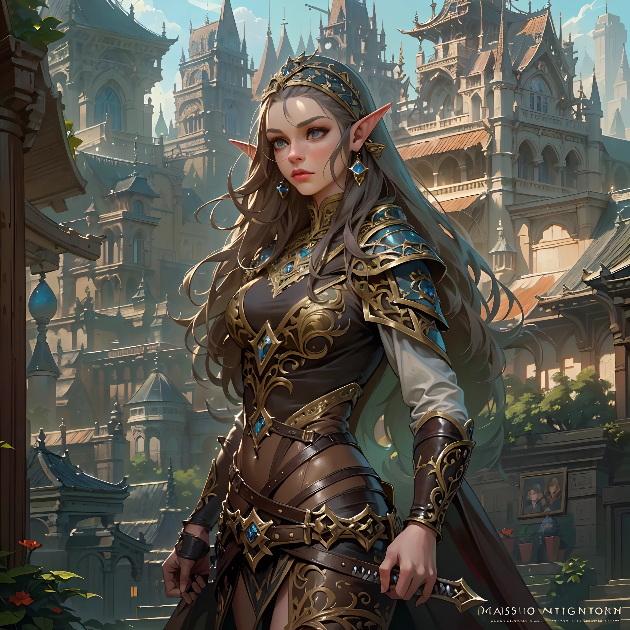 high details, best quality, 8k, [ultra detailed], masterpiece, best quality, (extremely detailed), dynamic angle, ultra wide shot, photorealistic, fantasy art, dnd art, rpg art, realistic art, a wide angle picture of an epic female elf, ready for battle  (intricate details, Masterpiece, best quality: 1.6) , full body, [[anatomically correct]]  (intricate details, Masterpiece, best quality: 1.6) casting magic spell (intricate details, Masterpiece, best quality: 1.5), [colorful magical sigils in the air],[ colorful arcane markings floating] (intricate details, Masterpiece, best quality: 1.6), holding a [sword] (intricate details, Masterpiece, best quality: 1.6) holding a [sword glowing in red light] (intricate details, Masterpiece, best quality: 1.6). in fantasy urban street ( (intricate details, Masterpiece, best quality: 1.6), a female, beautiful epic female elf, wearing elven leather armor (intricate details, Masterpiece, best quality: 1.3), wearing colorful cloak, flowing cloak, high heeled leather boots, ultra detailed face (intricate details, Masterpiece, best quality: 1.6), small pointed ears, thick hair, long hair, dynamic hair, fair skin intense eyes, fantasy city background (intricate details, Masterpiece, best quality: 1.6), sun light, backlight, depth of field (intricate details, Masterpiece, best quality: 1.3), high details, best quality, highres, ultra wide angle