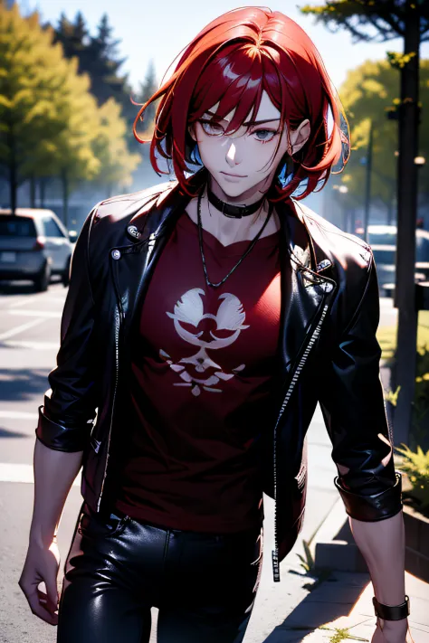 1 boy, 独奏, castiel, red hair, shoulder-length hair, gray eyes, black leather jacket, black jeans, red t-shirt, bob hairstyle, jo...