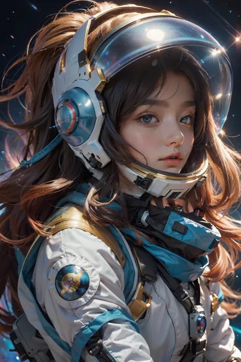 Digital drawing of a beautiful cute attractive magical fantasy astronaut woman, Big colorful long hair on the helmet, with whole body visible, Tight astronaut suit, Stardust, Background galaxy, Ultra-high quality clarity, 32K, HD, --AR 3:4 --s 750 --v 5.2