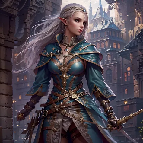 a picture of a female elf (intense details, Masterpiece, best quality: 1.5) fantasy swashbuckler, fantasy fencer, armed with a s...