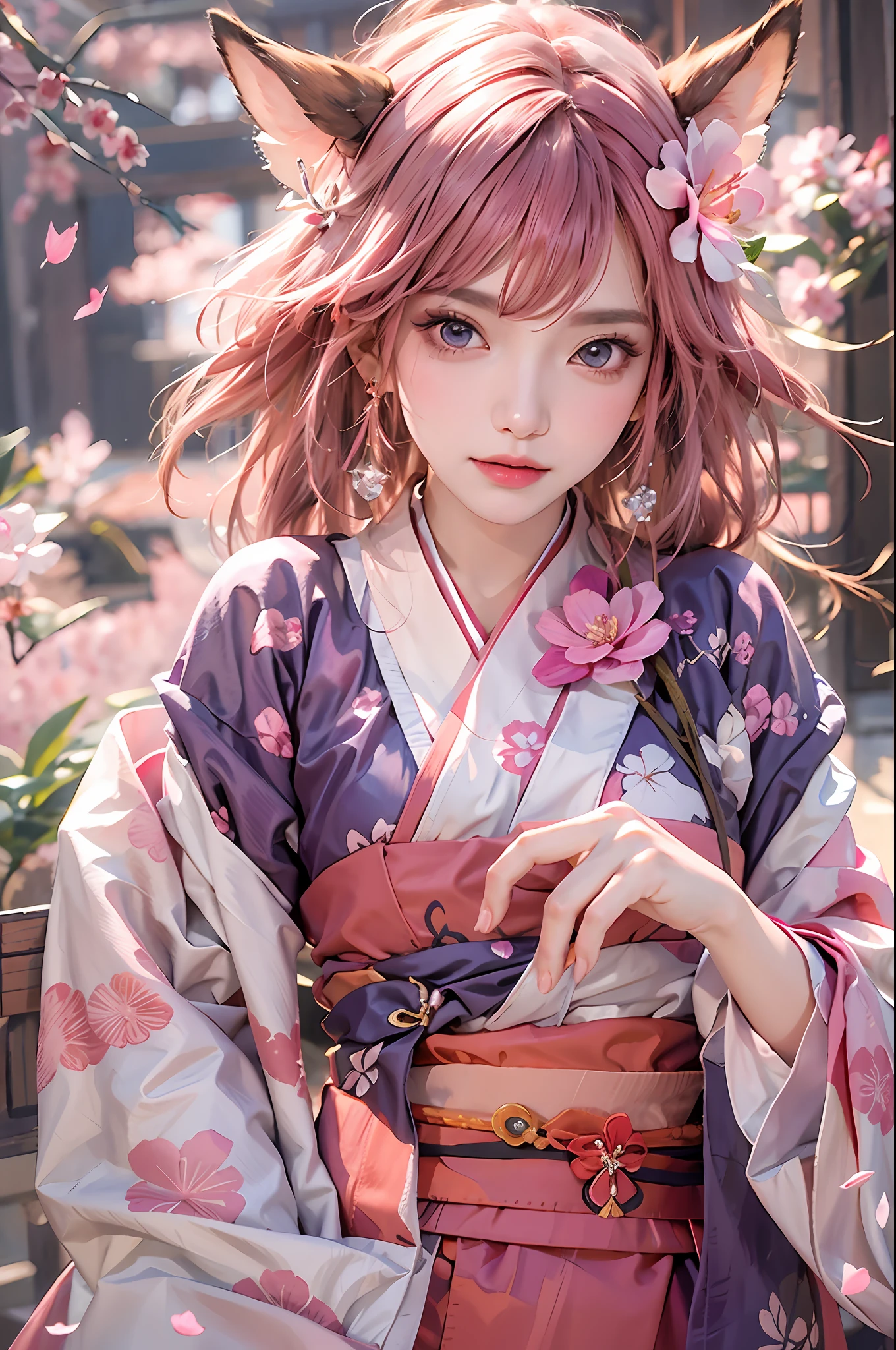 photorealistic, high resolution, 1women, solo, hips up, look at viewer, yae miko, animal ears, bare shoulders, blush, breasts, cherry blossoms, closed mouth, detached sleeves, earrings, flower, fox ears, gem, hair between eyes, hair ornament, hand up, japanese clothes, jewelry, kimono, long hair, looking at viewer, medium breasts, miko, nontraditional miko, pink eyes, pink flower, pink hair, purple gemstone, short kimono, sidelocks