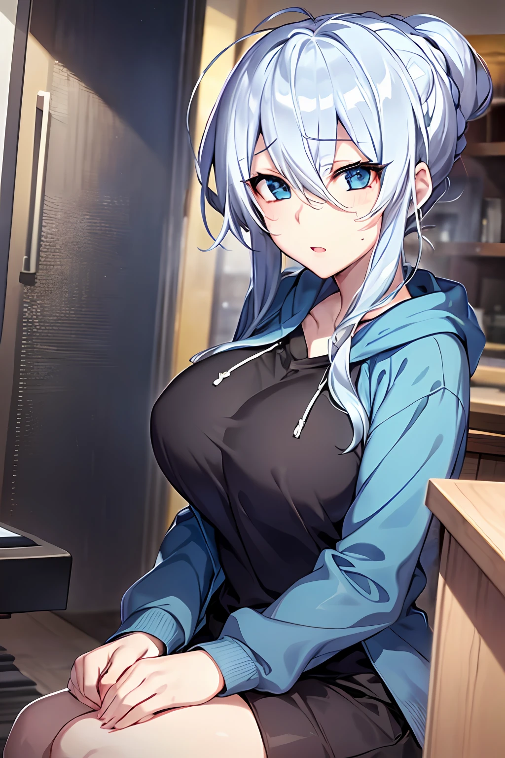 Yukino, Cabello plateado y ojos azules con una sudadera con capucha marina azul, anime visual de una linda chica, captura de pantalla de la película de anime, & su expresión es solemne, cara de ahegao, en la película de anime, en un anime, visual anime de una mujer joven, ella tiene una linda cara expresiva, fotograma del anime, pecho perfecto