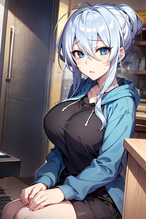 Yukino, Silver hair and blue eyes in a blue sea hoodie, anime visual of a cute girl, screenshot from the anime film, & her expre...