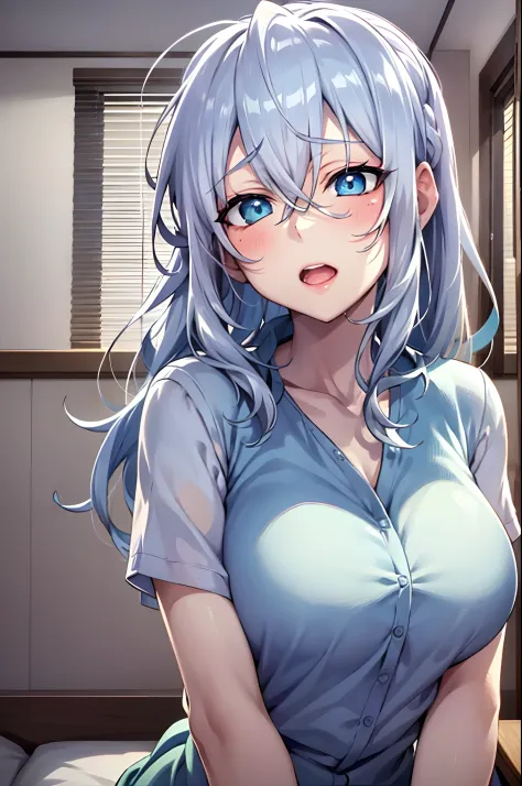 Yukino, in bed, silver hair and  blue eyes, light shirt, anime visual of a cute girl, screenshot from the anime film, & her expr...