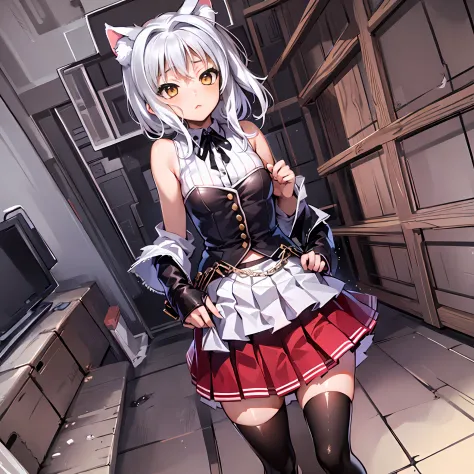 gym storeroom, koneko toujou (dxd), 1girl, white cat ears, (classic uniform), white cat tail, school hallway, red skirt, small b...