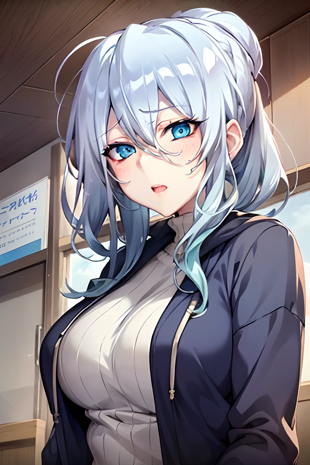 Yukino, Silver hair and blue eyes in a blue sea hoodie, anime visual of a cute girl, screenshot from the anime film, & her expression is solemn, ahegao face, in the anime film, in an anime, anime visual of a young woman, she has a cute expressive face, still from anime, perfect breast