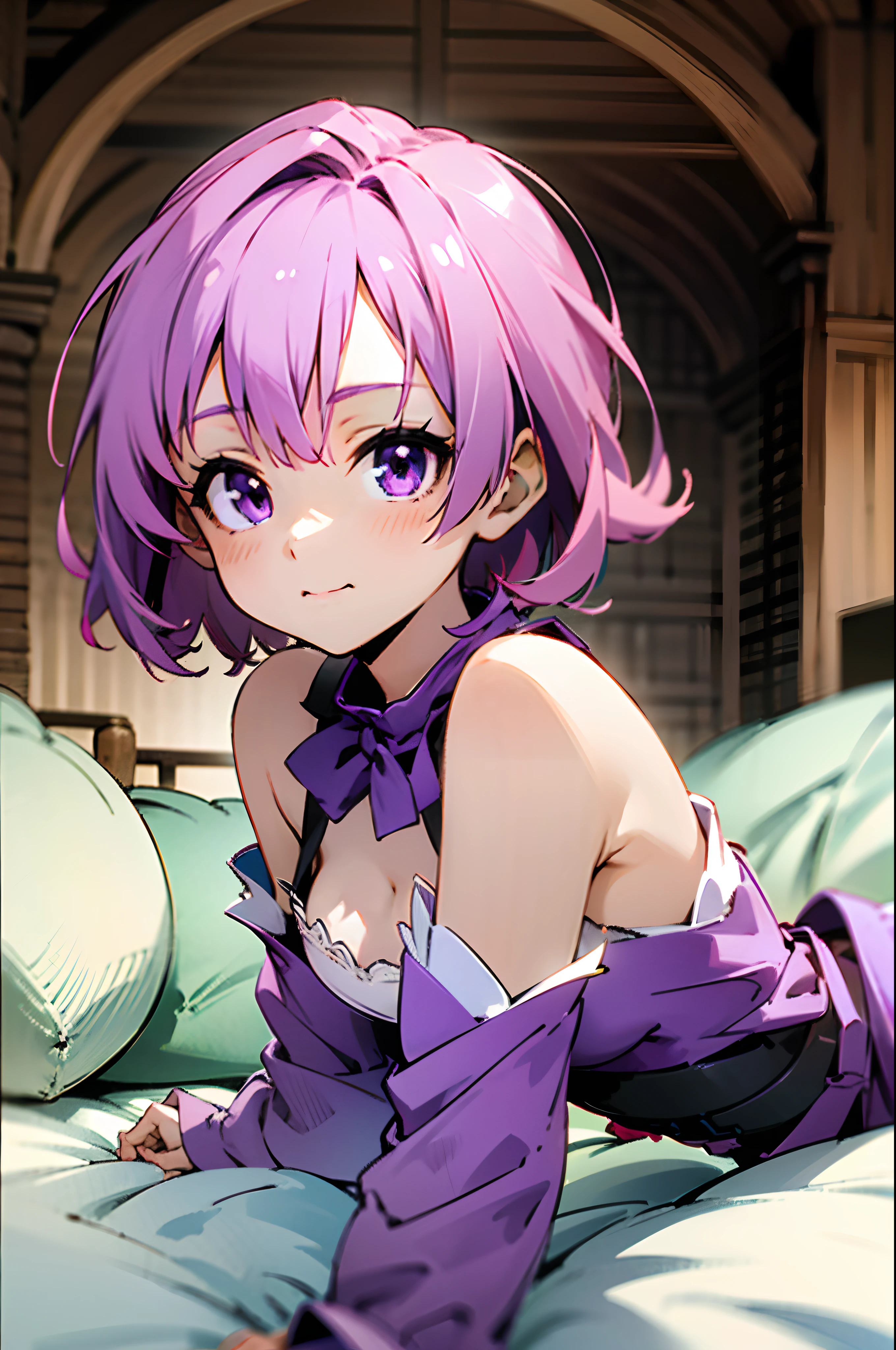 Anime girl with pink short hair and purple eyes, wearing medieval dress, laying on bed, medieval house, perfect face, cute face, ultrasharp, 8k, masterpiece, full body