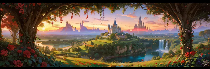 there is an image of a village in the distance with red roses in the foreground, arte disney, beautiful, magic field, vila casei...