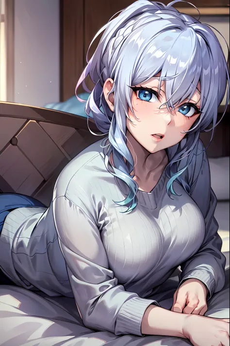 Yukino, in bed, silver hair and  blue eyes, light shirt, anime visual of a cute girl, screenshot from the anime film, & her expr...