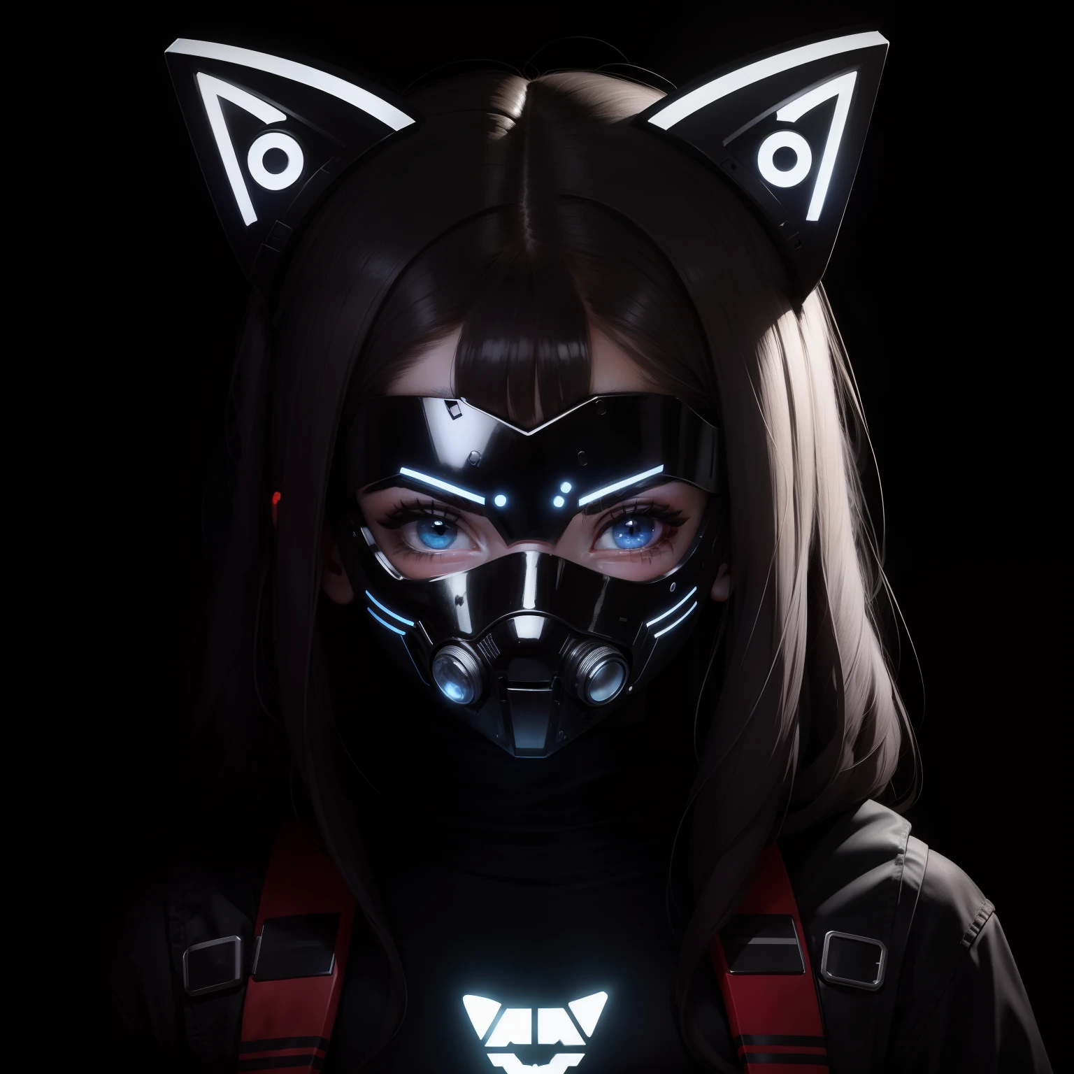 Personagem para o logotipo da PFP de uma menina usando uma máscara cibernética de LED que cobre seu rosto, os LEDs na máscara formam um gato