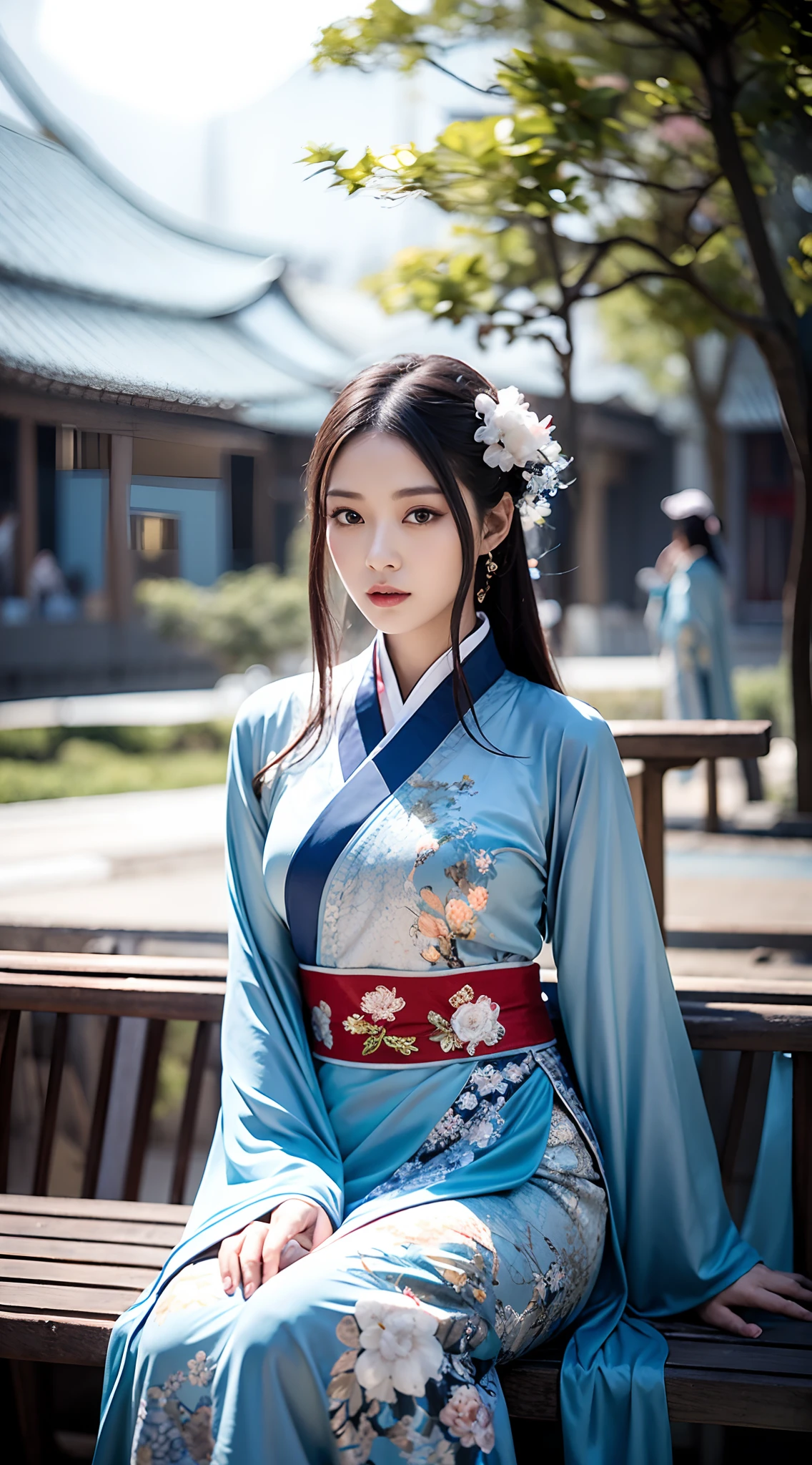 Araki woman in a blue and white dress sits on a bench, Palace ， A girl in Hanfu, White Hanfu, Hanfu, Beautiful character painting, trending on cgstation, Guviz-style artwork, Guviz, by Yang J, Chinese style, Wearing ancient Chinese clothes, Chinese costume, with acient chinese clothes