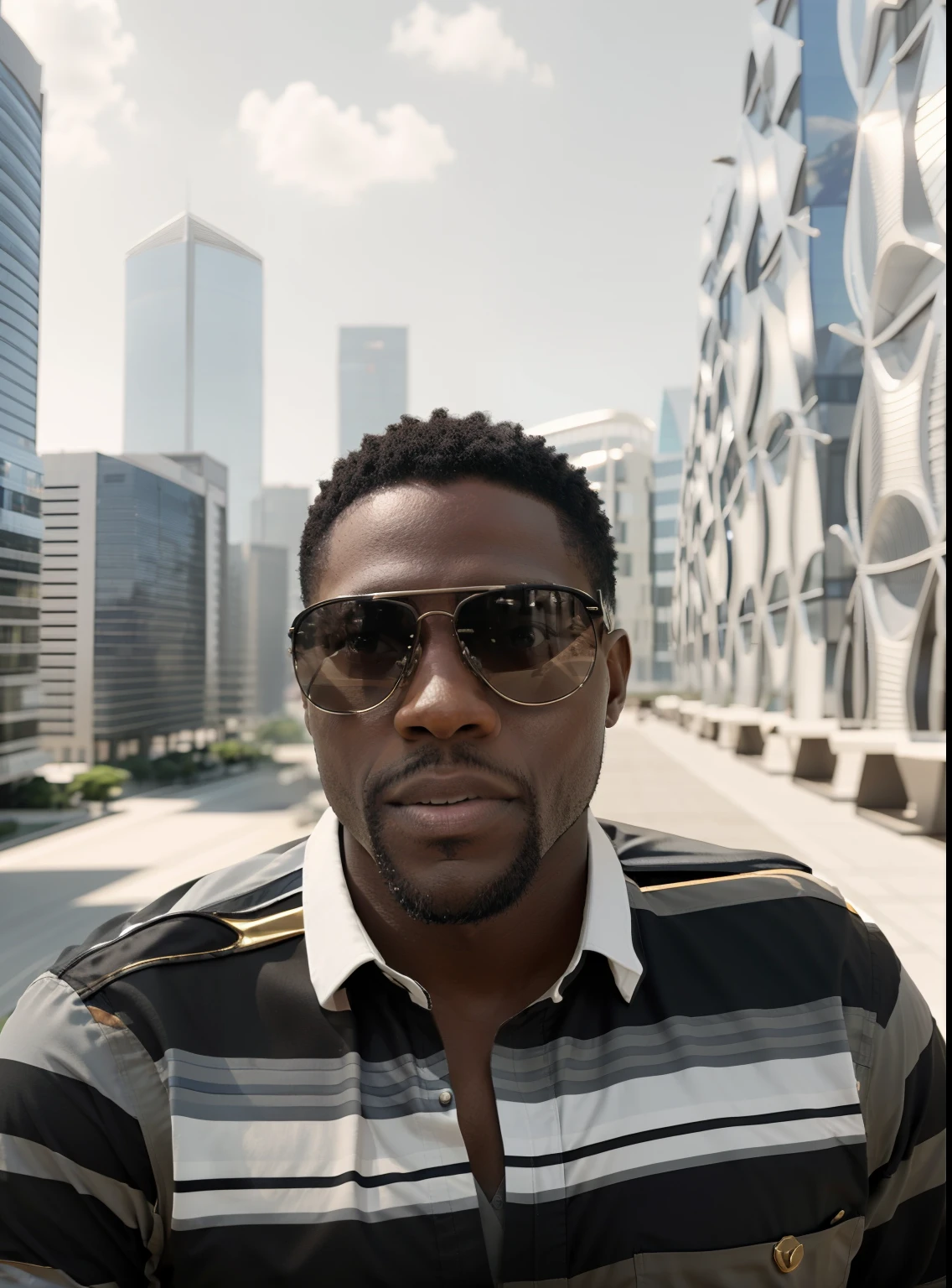 There's a black man in sunglasses and a striped shirt, Godwin Akpan, Homem de 4 0 anos, in the background a futuristic city. High Definition Image, 8k