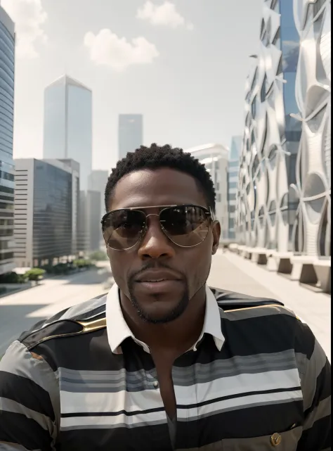 There's a black man in sunglasses and a striped shirt, Godwin Akpan, Homem de 4 0 anos, in the background a futuristic city. Hig...
