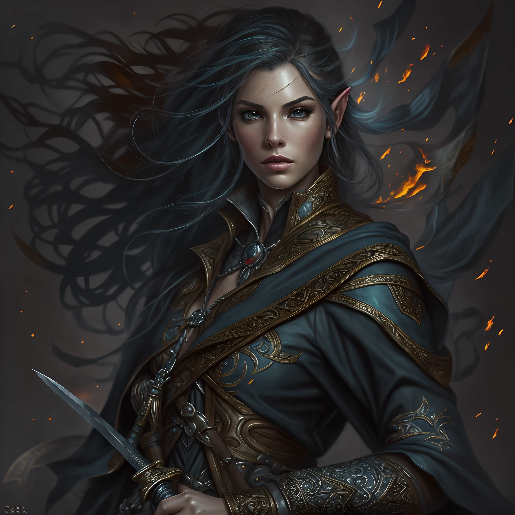 a picture of a female elf (intense details, Masterpiece, best quality: 1.5) fantasy swashbuckler, fantasy fencer, armed with a slim sword, shinning sword, metallic shine, colorful clothes, an ultra wide shot, full body (intense details, Masterpiece, best quality: 1.5)epic beautiful female elf (intense details, Masterpiece, best quality: 1.5), [[anatomically correct]],  rich hair, braided hair, long hair, small pointed ears, fantasy urban street (intense details, Masterpiece, best quality: 1.5),  purple cloak  (intense details, Masterpiece, best quality: 1.5), long cloak (intense details, Masterpiece, best quality: 1.5), elven leather armor (intense details, Masterpiece, best quality: 1.5) sense of daring, sense of adventure, controlling a swirling fiery, red radiant magic (1.5 intricate details, Masterpiece, best quality),high details, best quality, 8k, [ultra detailed], masterpiece, best quality, (extremely detailed), dynamic angle, ultra wide shot, photorealistic, RAW, fantasy art, dnd art,fantasy art, realistic art,