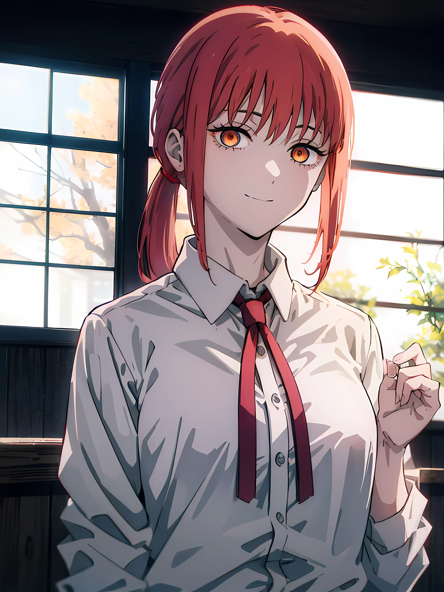 Makima,女の子1人,scary, scary smile, chansaw man anime style, red hair, bangs, ponytail, white shirt, krawatte, scary, glowing eyes, Makima from chainsawman, guckt zum betrachter, dunkler hintergrund,Ketten, Goldene augen, Makima/(chainsaw-man/), 8k, ultra high quality, masterpiece