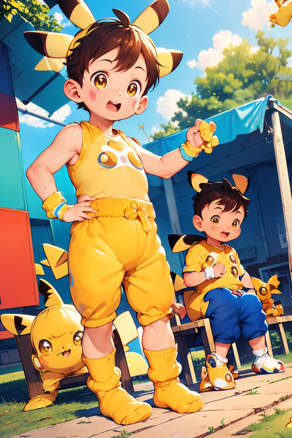 chubby Little boy with golden hair and shiny gold colored eyes and colorful socks wearing a pikachu costume sitting on a bench, young, boy, , small, toddler, soft light, (socks:1.4), (little boy:1.4), (shota:1.4), (cute:1.4), (small:1.6), (yellow socks:1.8), (pikachu costume:1.8), (sweatpants:1.6),