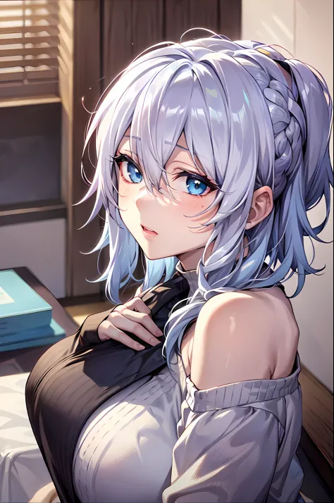 Yukino, in bed, silver hair and  blue eyes, light shirt and no bra, anime visual of a cute girl, screenshot from the anime film,...