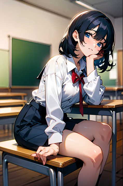 Anime girl with black hair and blue eyes, wearing school uniform, unzipping shirt, sitting on table, classroom, green board, les...