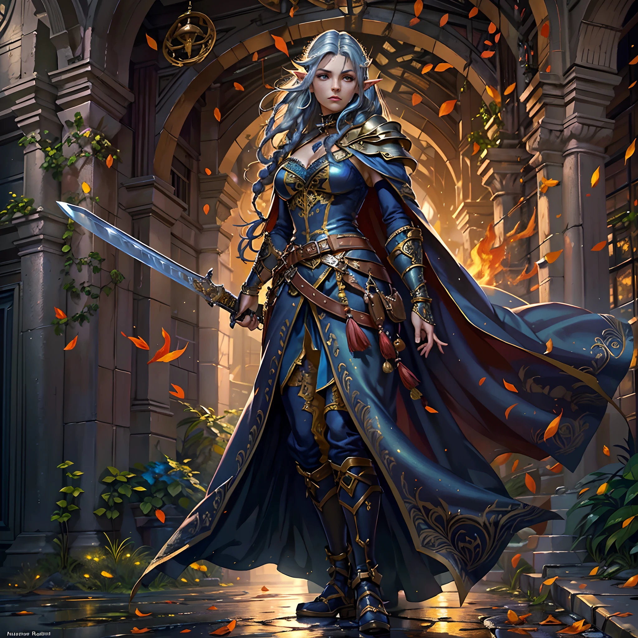 a picture of a female elf (intense details, Masterpiece, best quality: 1.5) fantasy swashbuckler, fantasy fencer, armed with a slim sword, shinning sword, metallic shine, colorful clothes, an ultra wide shot, full body (intense details, Masterpiece, best quality: 1.5)epic beautiful female elf (intense details, Masterpiece, best quality: 1.5), [[anatomically correct]],  rich hair, braided hair, long hair, small pointed ears, fantasy urban street (intense details, Masterpiece, best quality: 1.5),  purple cloak  (intense details, Masterpiece, best quality: 1.5), long cloak (intense details, Masterpiece, best quality: 1.5), elven leather armor (intense details, Masterpiece, best quality: 1.5) sense of daring, sense of adventure, controlling a swirling fiery, red radiant magic (1.5 intricate details, Masterpiece, best quality),high details, best quality, 8k, [ultra detailed], masterpiece, best quality, (extremely detailed), dynamic angle, ultra wide shot, photorealistic, RAW, fantasy art, dnd art,fantasy art, realistic art,