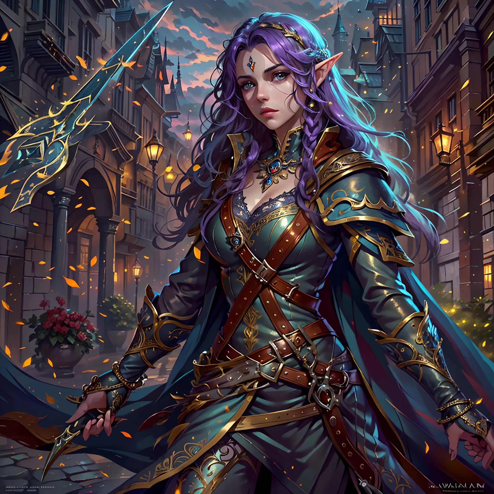 a picture of a female elf (intense details, Masterpiece, best quality: 1.5) fantasy swashbuckler, fantasy fencer, armed with a slim sword, shinning sword, metallic shine, colorful clothes, an ultra wide shot, full body (intense details, Masterpiece, best quality: 1.5)epic beautiful female elf (intense details, Masterpiece, best quality: 1.5), [[anatomically correct]],  rich hair, braided hair, long hair, small pointed ears, fantasy urban street (intense details, Masterpiece, best quality: 1.5),  purple cloak  (intense details, Masterpiece, best quality: 1.5), long cloak (intense details, Masterpiece, best quality: 1.5), elven leather armor (intense details, Masterpiece, best quality: 1.5) sense of daring, sense of adventure, controlling a swirling fiery, red radiant magic (1.5 intricate details, Masterpiece, best quality),high details, best quality, 8k, [ultra detailed], masterpiece, best quality, (extremely detailed), dynamic angle, ultra wide shot, photorealistic, RAW, fantasy art, dnd art,fantasy art, realistic art,