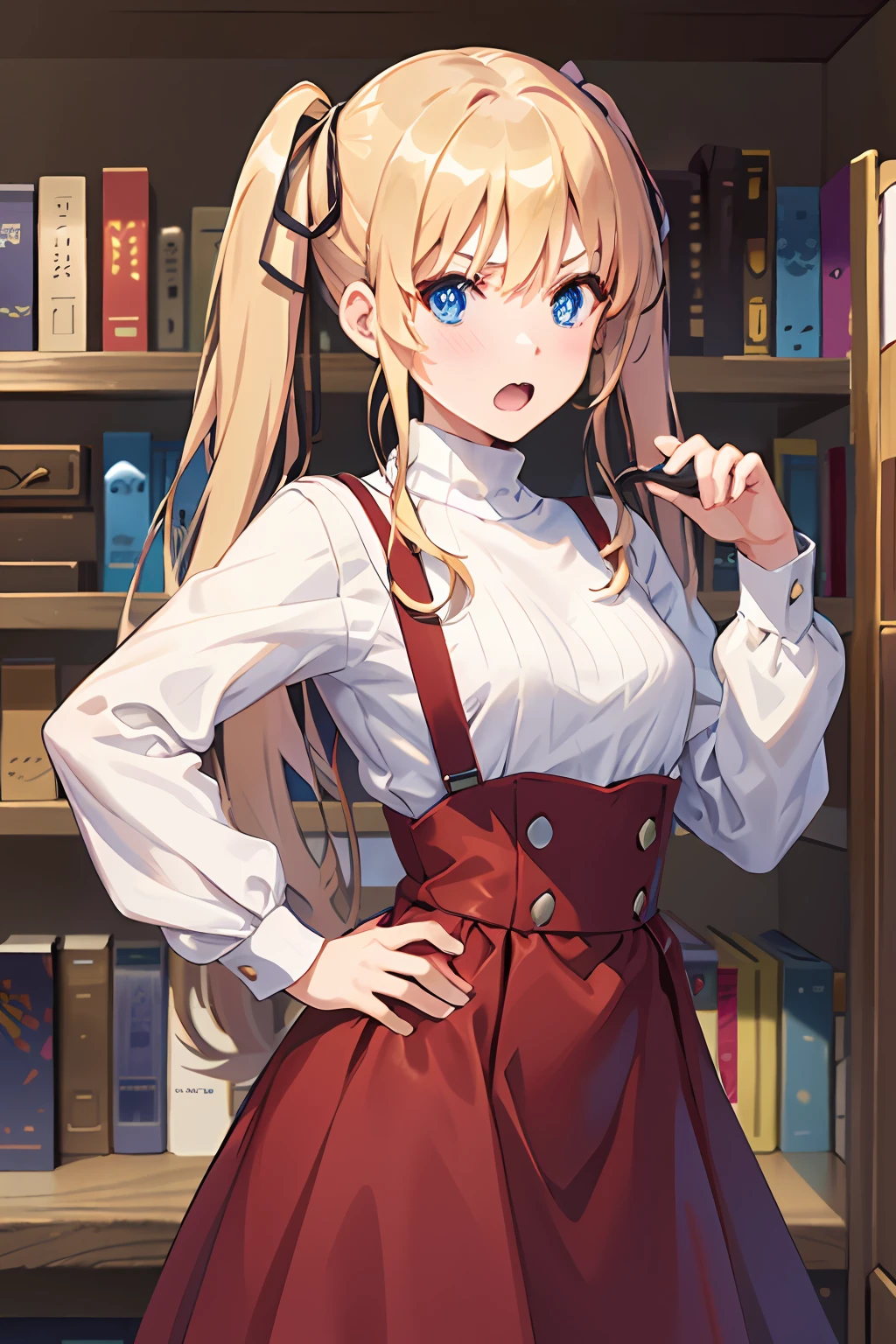 ph_eriri, sawamura spencer eriri, 1girl, blonde hair, blue eyes, twintails, open mouth, fang, solo, long hair, hand on hip, dress, blush, red dress, looking at viewer, indoss, hair ribbon, long sleeves, bangs, dutch angle, poster (object), bookshelf, book, v-shaped eyebrows, white shirt, turtleneck, shirt
, (masterpiece:1.6, best quality), (finely detailed beautiful eyes: 1.2),