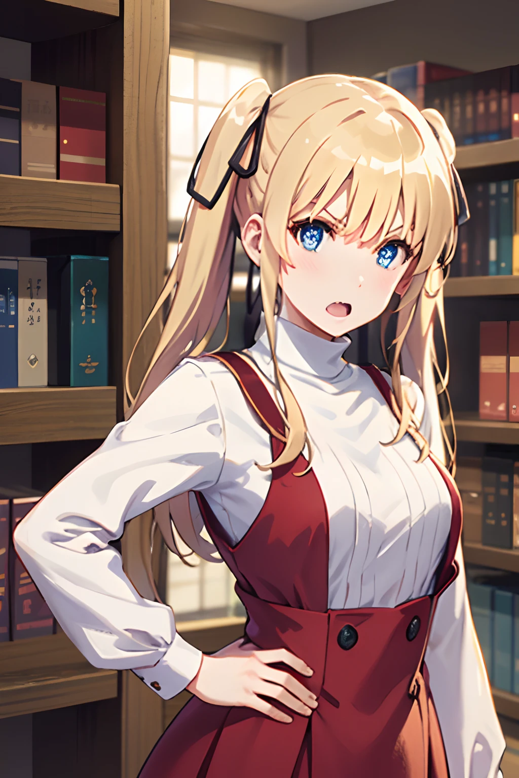 ph_eriri, sawamura spencer eriri, 1girl, blonde hair, blue eyes, twintails, open mouth, fang, solo, long hair, hand on hip, dress, blush, red dress, looking at viewer, indoss, hair ribbon, long sleeves, bangs, dutch angle, poster (object), bookshelf, book, v-shaped eyebrows, white shirt, turtleneck, shirt
, (masterpiece:1.6, best quality), (finely detailed beautiful eyes: 1.2),