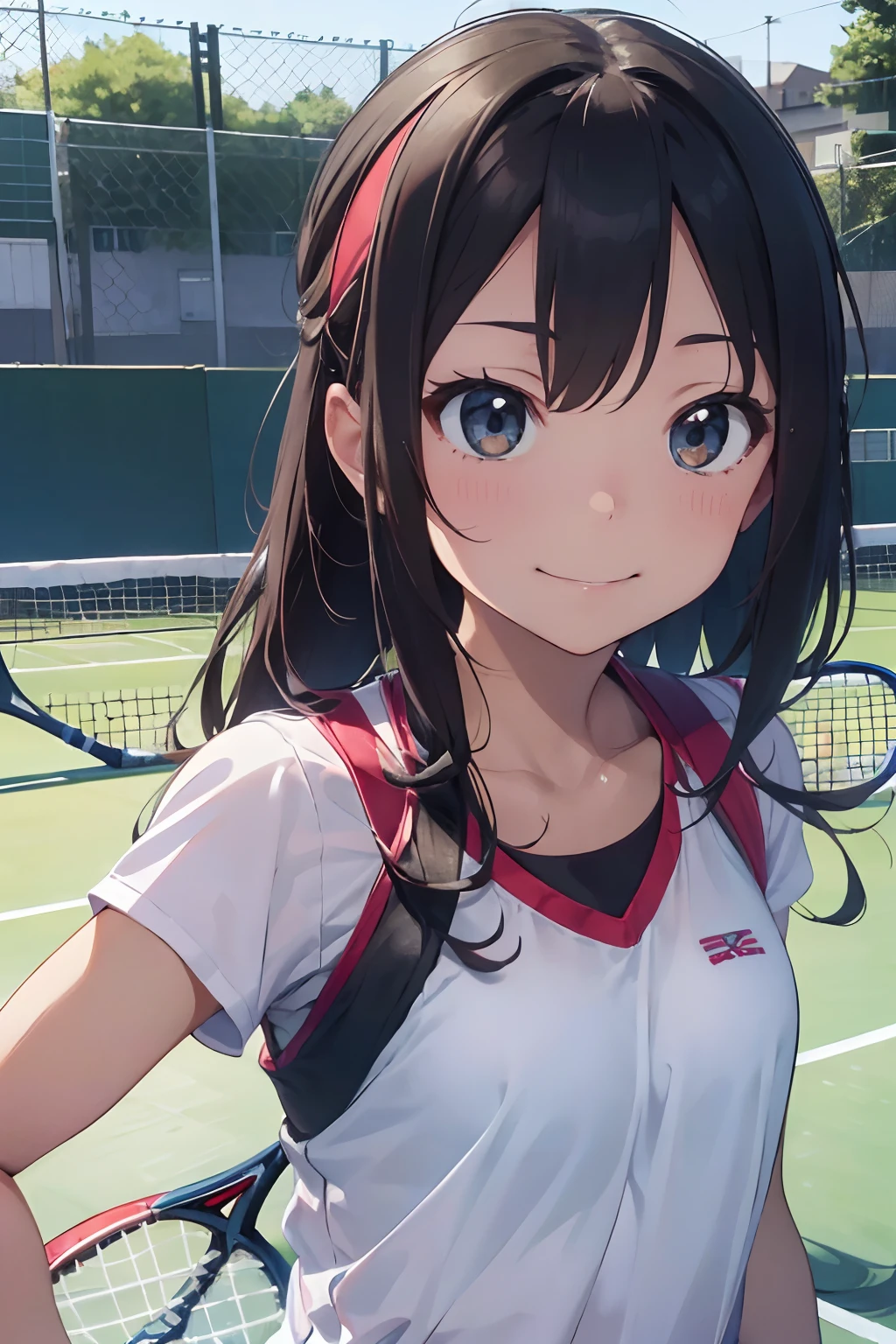 Anime girl with black hair and blue eyes holding a tennis racket - SeaArt AI