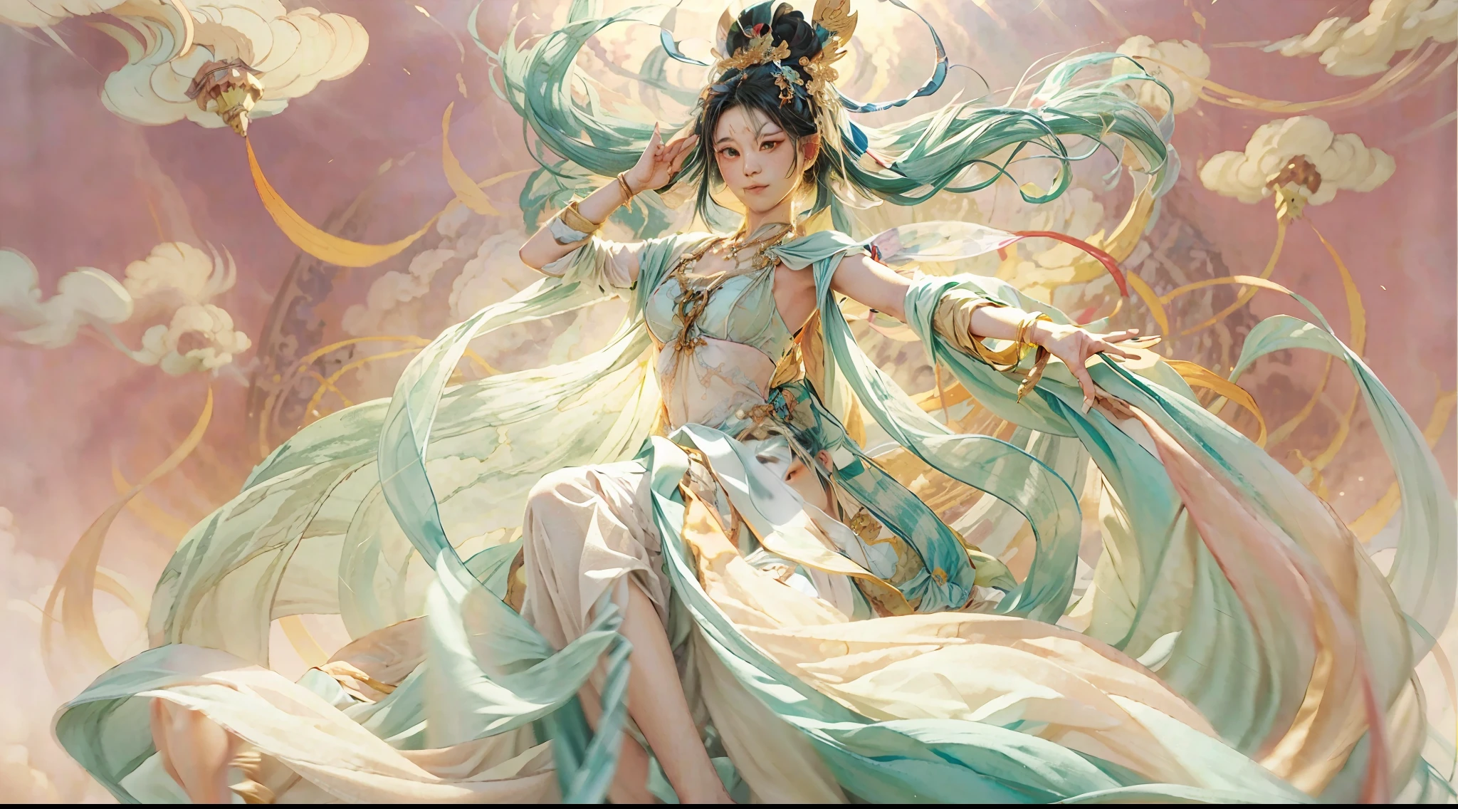 （Beauty fairy）, （Immortal lineage），（dunhuang）, （faeries）, She floats in the sky, Colorful silk cloth flutters，Clouds surround，（Delicate, Peerless looks）, （White silk robe）,Normal human fingers， Foot on auspicious clouds，Frontal photo，Light smile, neo-classical, Chiaroscuro, Cinematic lighting, god light, Ray tracing, character sheets, projected inset, first person perspective, hyper HD, Masterpiece, ccurate, Textured skin, Super detail, High details, High quality, Award-Awarded, Best quality, A high resolution, 8K，Ultra-high sharpness，Clear face，fully body photo，