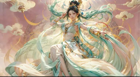 （beauty fairy）, （immortal lineage），（dunhuang）, （faeries）, she floats in the sky, colorful silk cloth flutters，clouds surround，（d...