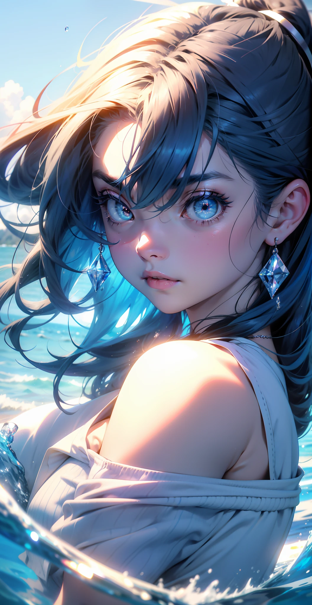 The clothes say the Pacific Ocean ，blue  hair:1.2，ahoge:1.1，wince，diamond-shaped pupils，Animal ear，Chiaroscuro，Shallow depth of field，angle of view，Wide shot，16k，Best quality，A high resolution