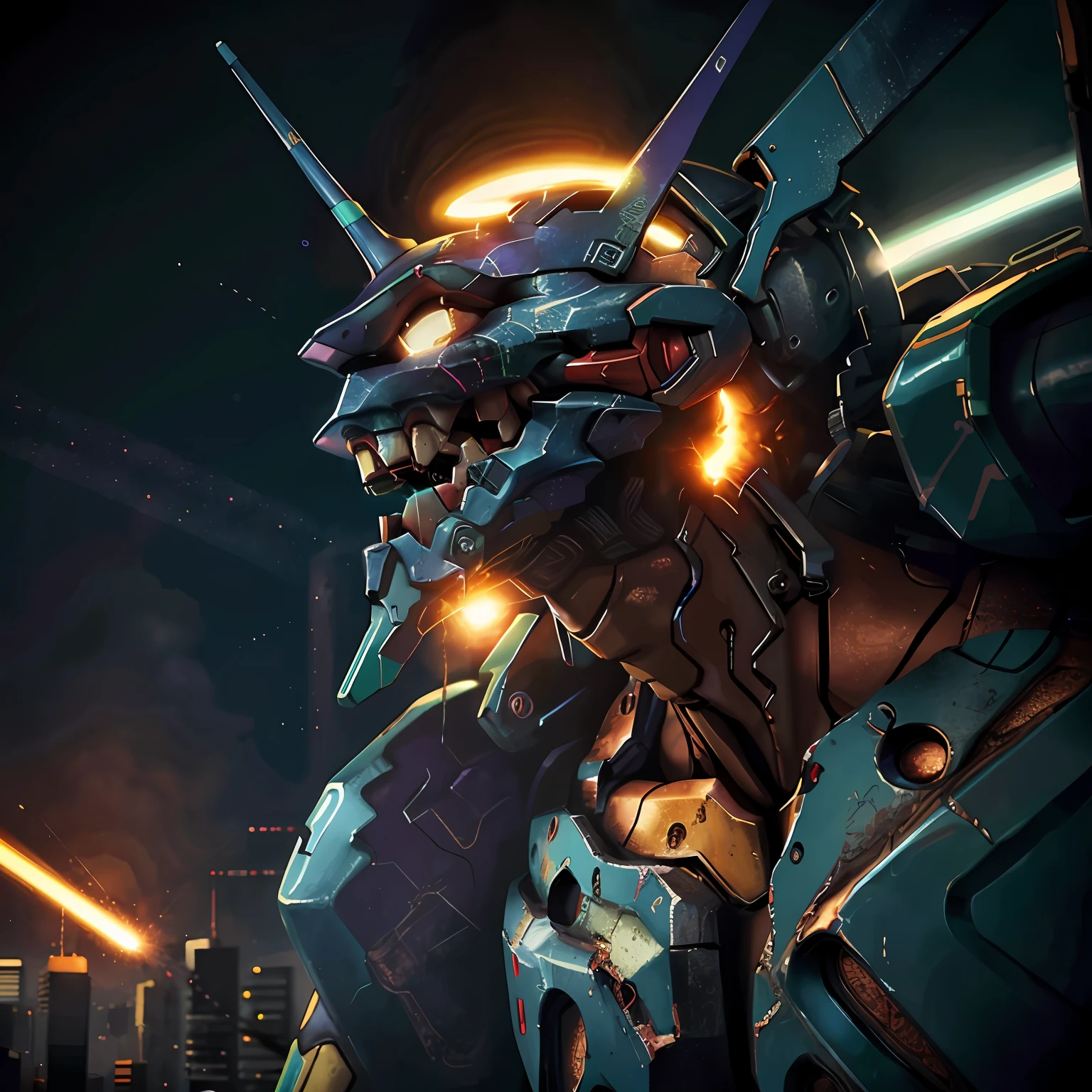 eva 01,(halo), open mouth,Laser beam,BOOM,evagod,evangelion mecha, science fiction, looking at viewer, (official art, Best quality, masterpiece:1.2), illustration, high res, beautiful abstract background, Futurism, cyberpunk, intense angle, close-up,silhouette,light particles