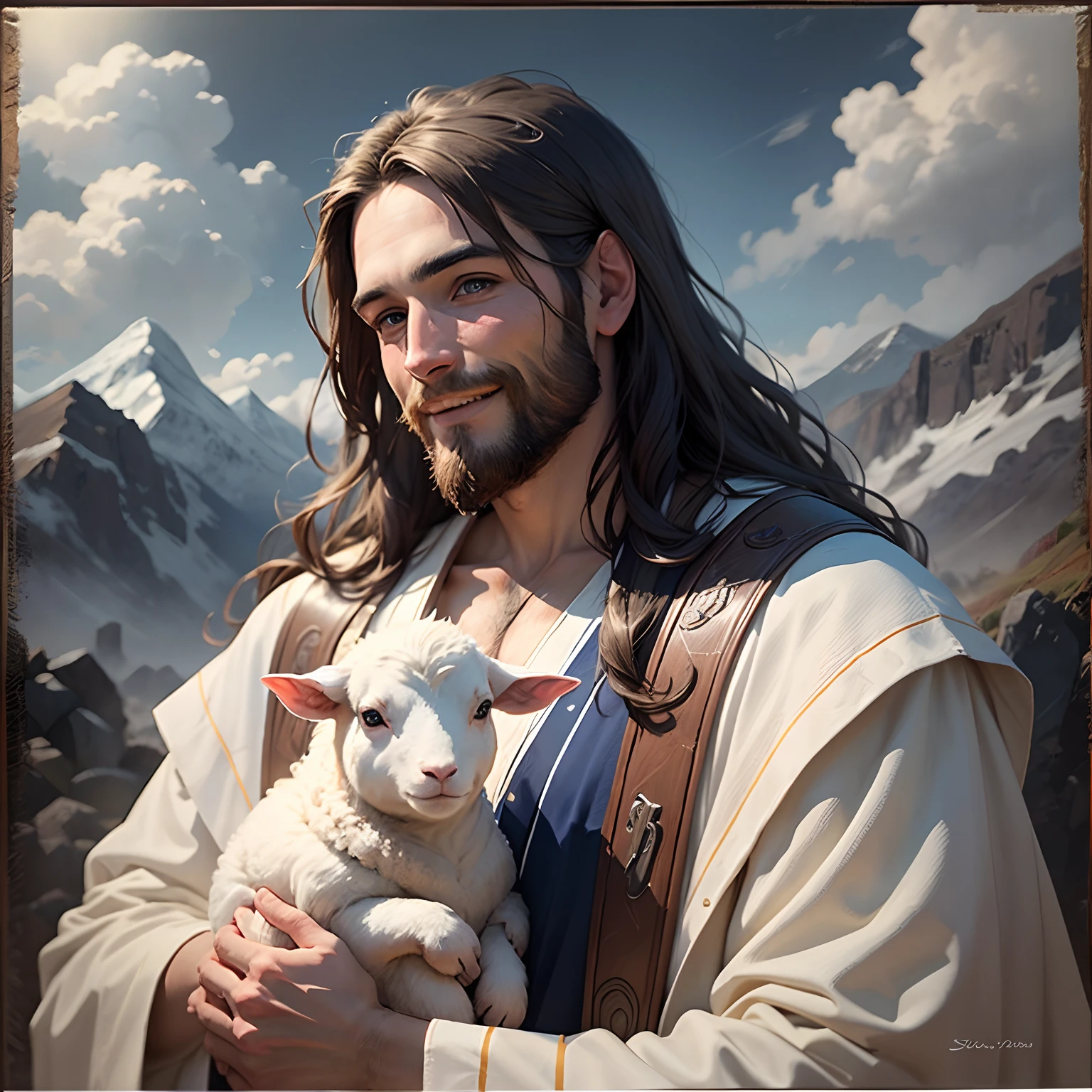 Jesús,Retrato, luz tenue, un hombre con cabello largo y castaño y barba, vistiendo una bata blanca y una faja azul, sosteniendo un cordero en sus brazos, sonriendo suavemente, montañas y nubes al fondo, 8K, pintura al óleo