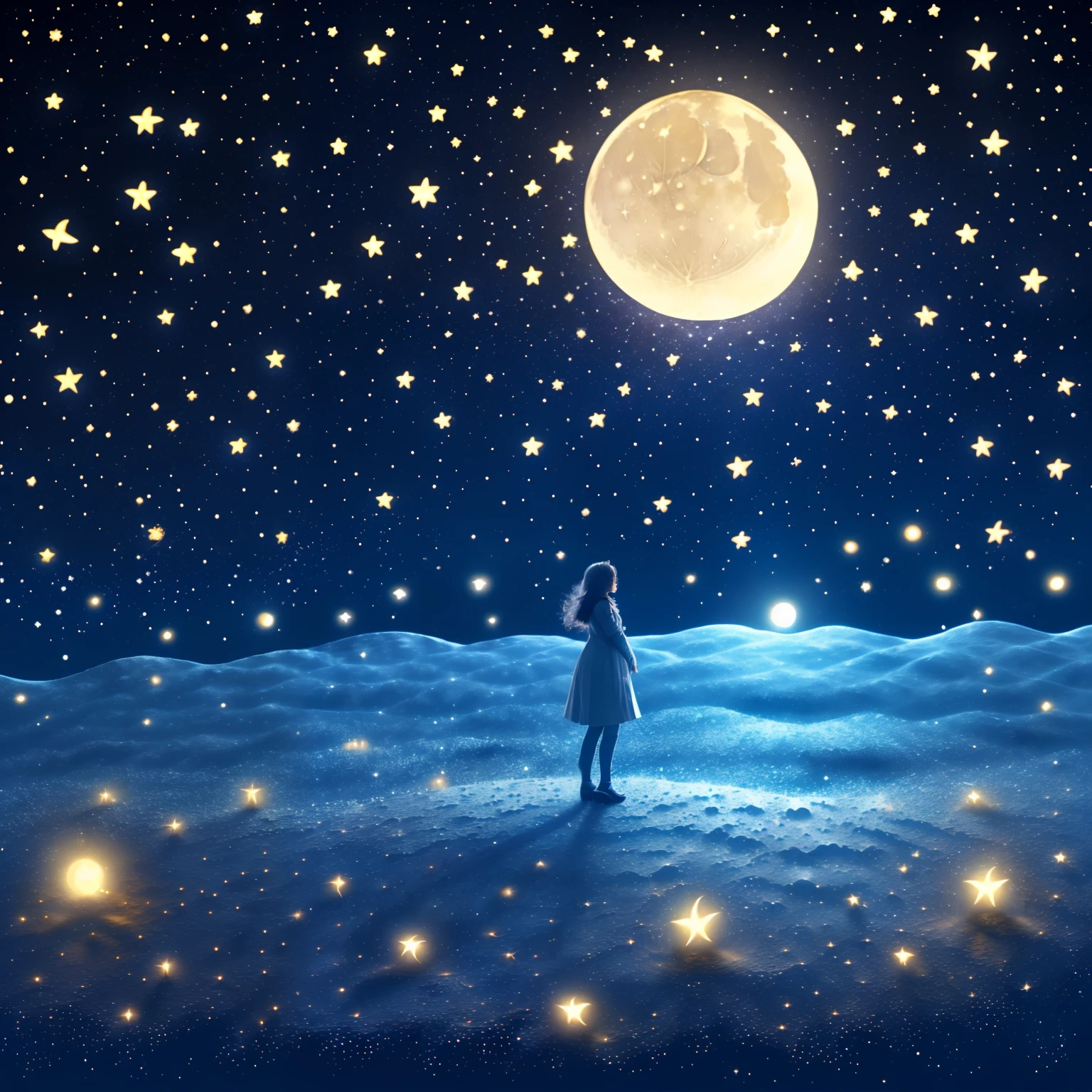 1girl in,Standing、Crescent_Empty Moon, Earth_\(planet\), fireflys, Fireworks, full_Moon, Galaxy, light_Particle, Milky_way, Moon, Moonlight, Night, Night_skyporn, planet,