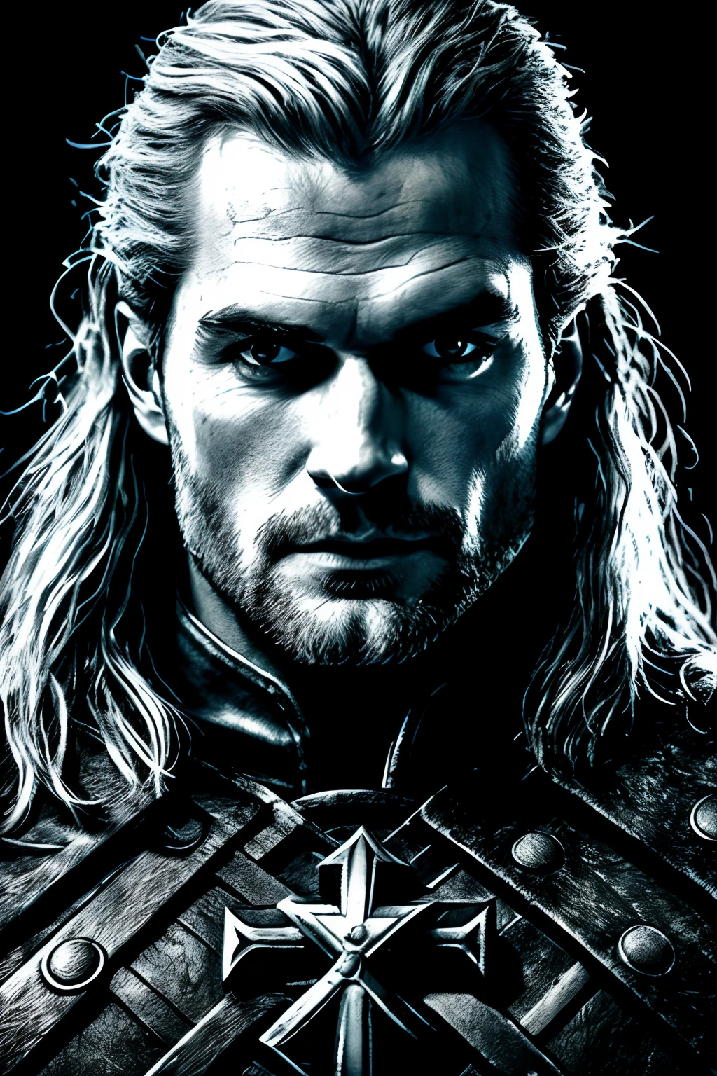 (extremely detailed, best quality) portrait, Henry Cavill as Geralt de Rivia from The Witcher,
(piercing eyes:1.2, chiselled features:1.1), dramatic lighting in the shape of a cross, dark background,
close-up, intense expression.wearing deal with it sunglasses